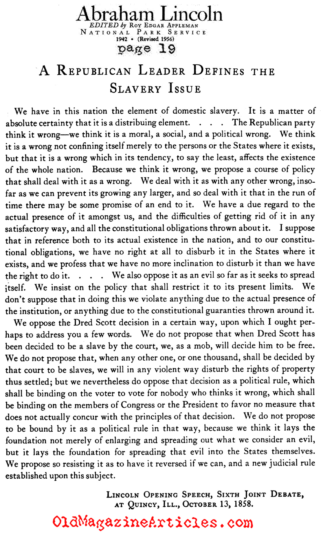 The Lincoln - Douglas Debates: Defining Slavery (National Park Service, 1956)